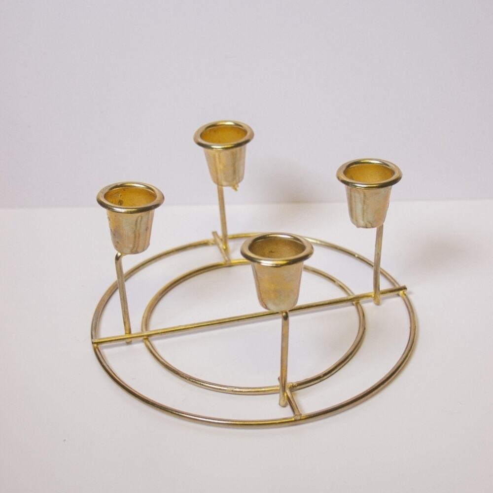 Vtg Gold Round 4 Candle Candelabra Taper Candlestick Holder Holiday MCM
